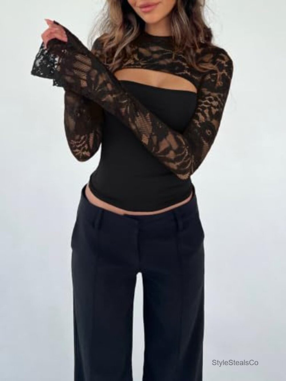 Lace Long Sleeve Cutout Crop Top Y2K Going Out Sexy Shirt - Picture 2 of 6